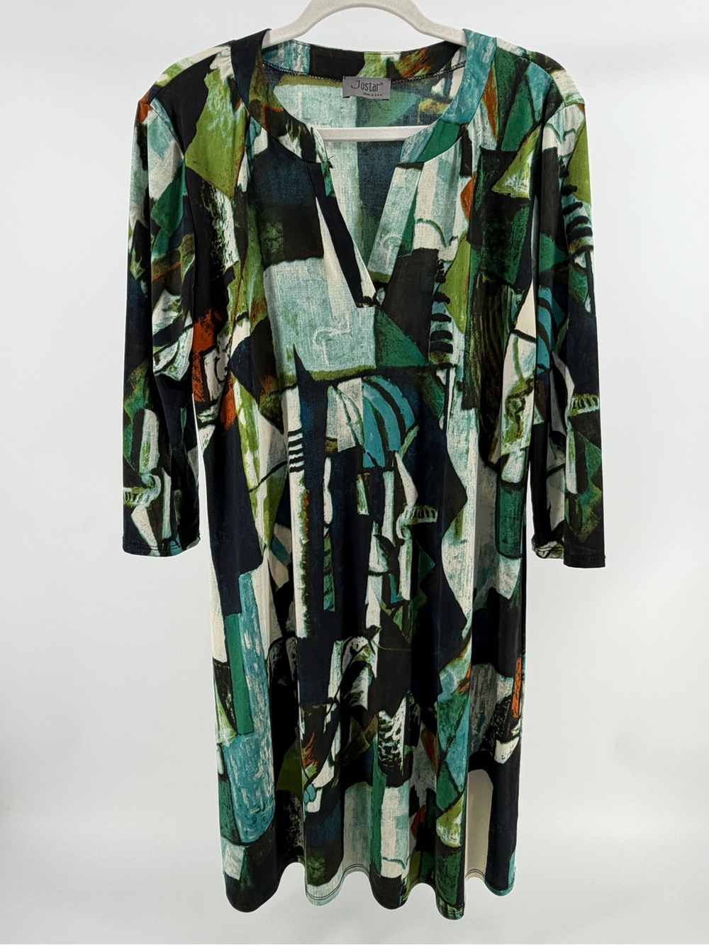 Jostar Green Artsy Abstract Print Long Sleeve Stretch Knit Dress, Women's XL
